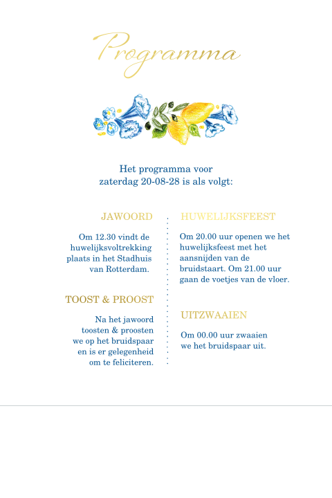 DIY pocketfold inlegkaart trouwen citroenen blauwe bloemen krans