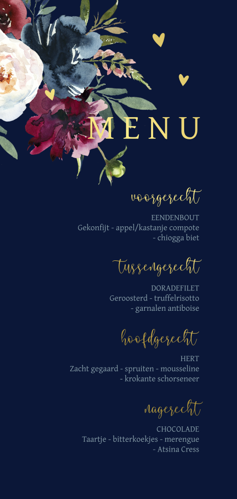 Donkerblauwe menukaart goudfolie aquarel bloemen