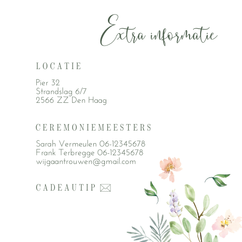 Extra informatie kaartje romantisch met pastel bloemen en blaadjes