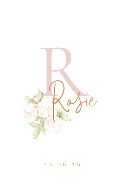 Geboortekaartje meisje initialen roze roos koperfolie letter