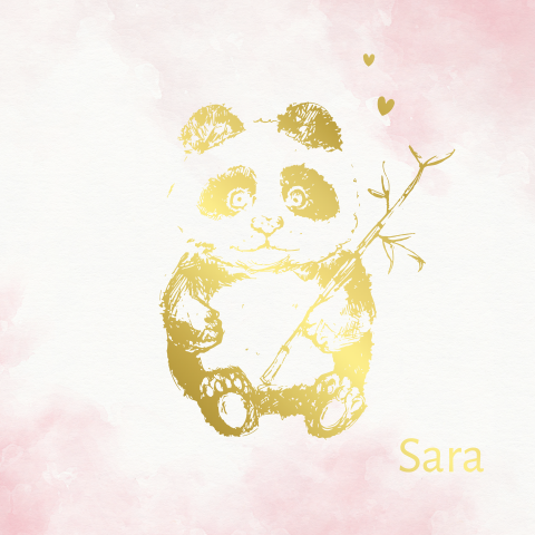 goudfolie geboortekaartje meisje panda getekend roze