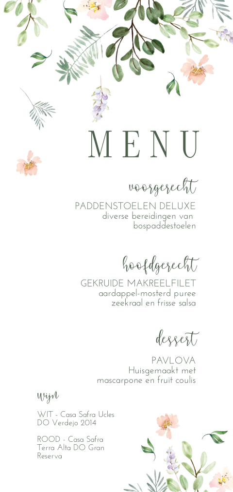 Romantische menukaart met pastel bloemen en blaadjes