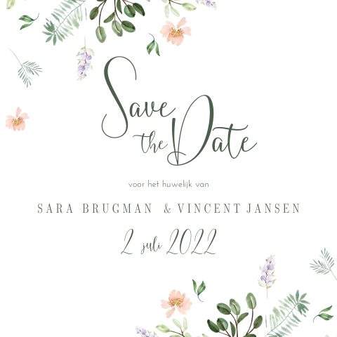 romantische save the date met pastel bloemen blaadjes vierkant