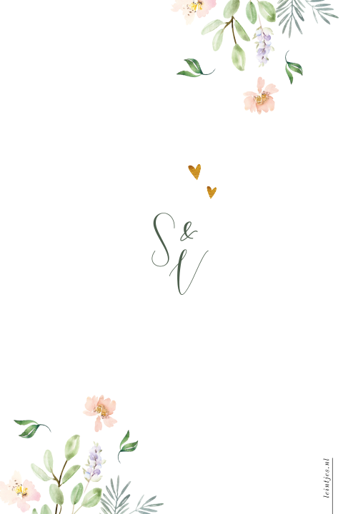 romantische trouwkaart met pastel bloemen en blaadjes