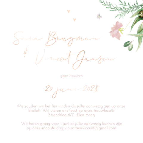 romantische trouwkaart rosegoud folie bloemen en blaadjes