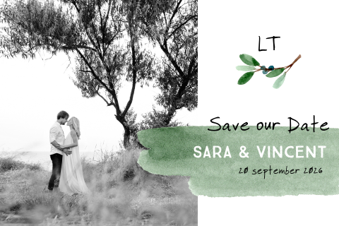 Save the date ansicht kaart met foto en stoere olijf takjes