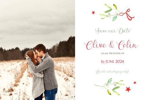 Kerst save the date met sierlijke aquarel mistletoe takken