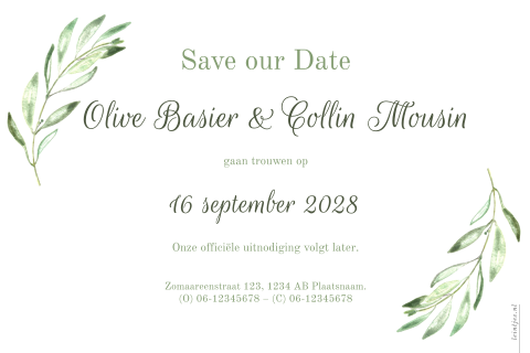 Mooie save the date foto met sierlijke aquarel olijftakken