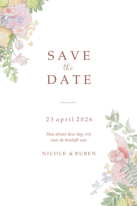 Save the Date kaart pastel bloemen getekend