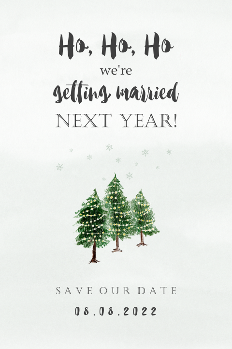 Kerst save the date met sneeuwvlokken en bomen