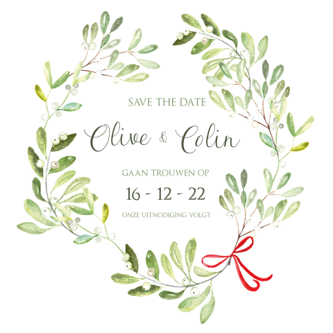 Kerst save the date met sierlijke aquarel olijftakken