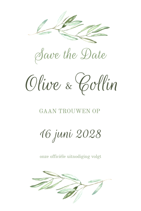 Mooie save the date met sierlijke aquarel olijftakken