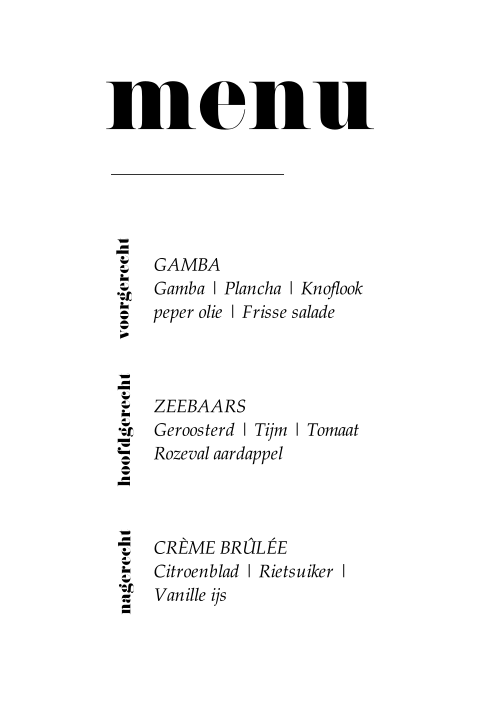 strakke menukaart met typografie