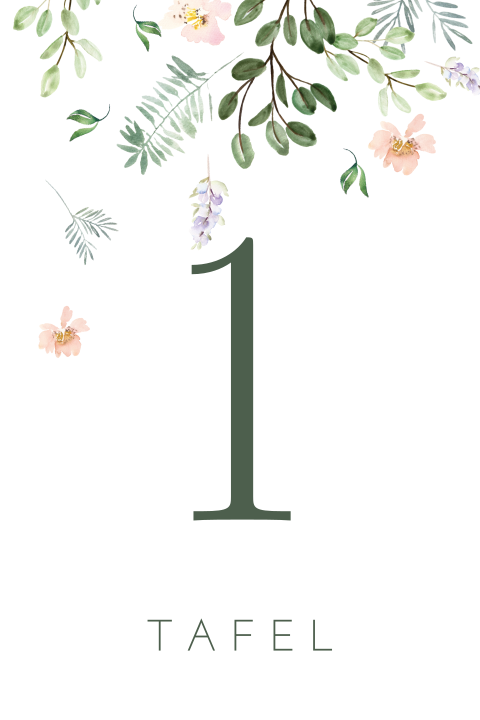 Tafelnummer romantisch met pastel bloemen en blaadjes