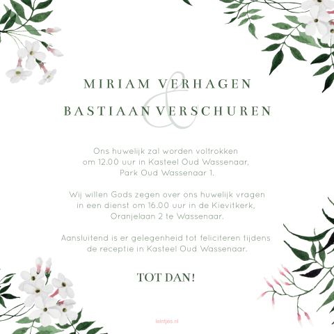 Romantische trouwkaart met botanische jasmijntakken 