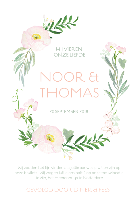 Stijlvolle trouwkaart met bloemenkrans