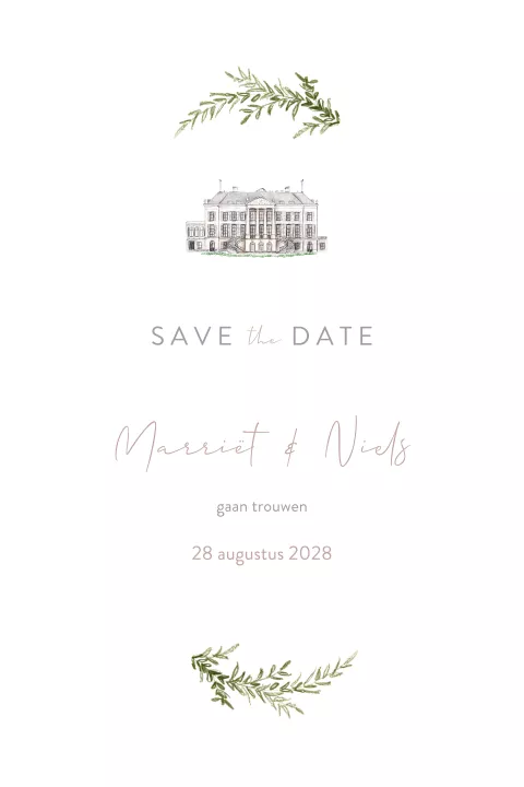 Save the date kaart chique getekend trouwlocatie parc broekhuizen